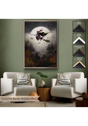 Çerçeveli Süpürge İle Uçan Cadı, Cadılar Bayramı Hediyesi, Hallowen Tablo -6398