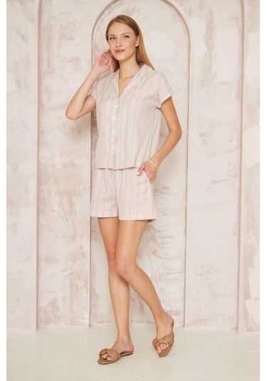 Kadın Özel Kumaş Ceket Yaka Beli Lastikli Kısa Kol Gömlek Cepli Şort Takım 3625290 Beyaz