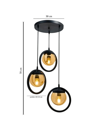 Halka 3 Lu Tepsi. Glop Bal Rengi Camlı Siyah Avize. Salon, Mutfak Beyaz