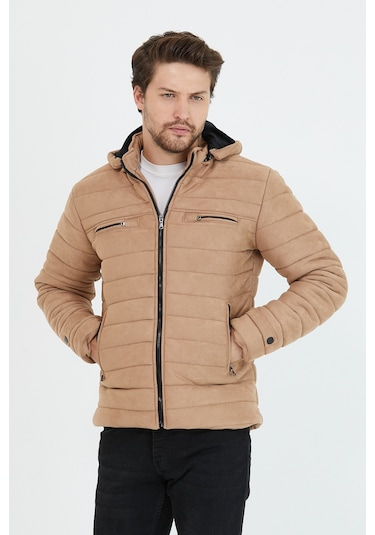 Erkek Vizon Dar Kesim Kapüşonlu Kalın Kumaş Süet Mont Vizon