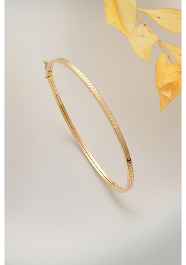 14 Ayar Altın Lazer Grek Desenli Kelepçe Bilezik - Mmblk-33034 Sarı Altın