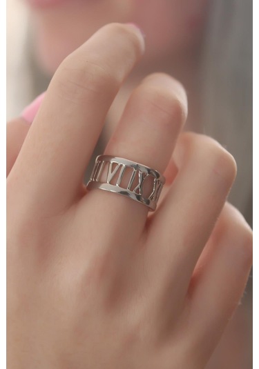 Gümüş Renk Roma Rakam Model Kadın Yüzük Gümüş