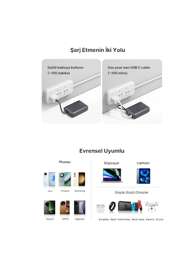 20000mah - 45w Powerbank Siyah - Hızlı Şarj - Taşınabilir Güç Kaynağı - Taşınabilir Şarj Cihazı Siyah