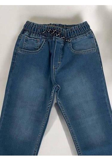 Çocuk Beli Paçası Lastikli Lycralı Kot Pantolon-14954 Mavi
