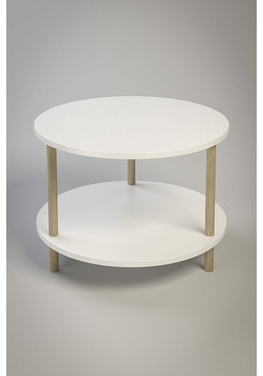 Yuvarlak Orta Sehpa Ahşap Ayaklı Sehpa Iki Raflı Sehpa Dekoratif Sehpa Gazetelikli - Beyaz - 60cm Beyaz