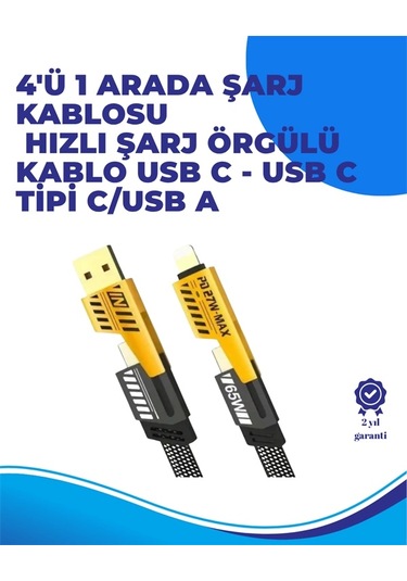 65w 4'ü 1 Arada Çoklu Şarj Kablosu - Usb-c, Usb-a, Lightning, Veri Ve Şarj Desteği