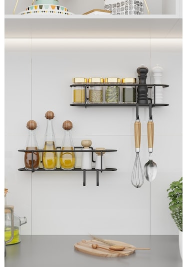 Bino Baharatlık 2 Li Set Siyah Mat Metal Mutfak Rafı Banyo Rafı Yapışkanlı Kancalı Tuzluk Askılık Çok Renkli