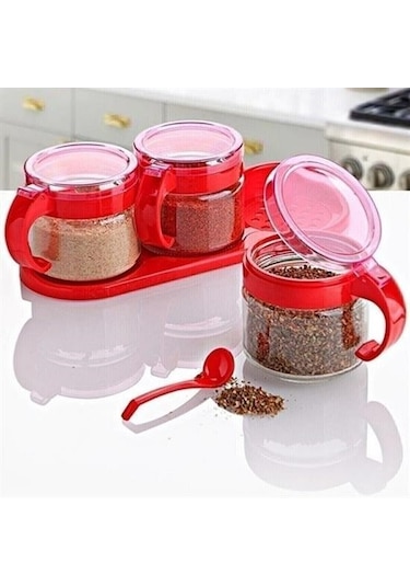 N&m Store Kırmızı 3lü Standlı Kapaklı Kaşıklı Cam Hava Sızdırmaz Baharatlık Takımı Kc-386 Çok Renkli