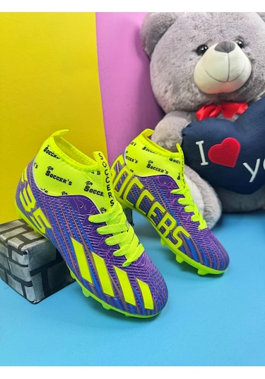 Erkek Çocuk Halısaha Kranpon Çoraplı Çivili Futbol Spor Ayakkabısı F35kr Mor-sarı