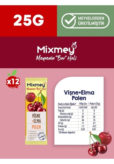 Mixmey Bee Polen Vişne Meyve Barı 12 Adet | Sağlıklı Atıştırmalıklar – Glutensiz Koruyucusuz 25gr X 12 Adet