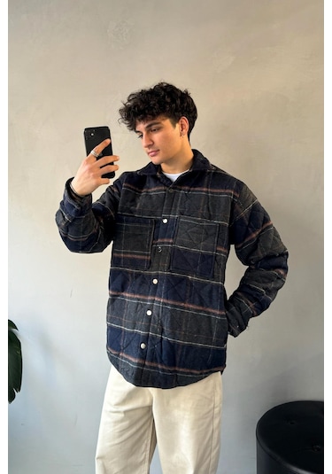 Flaw Ekose Desen Cep Detay Oversize Ceket Lacivert Lacivert