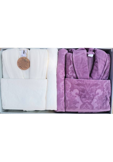 Curve Murdum-krem Aile Seti Bornoz Takımı Mürdüm