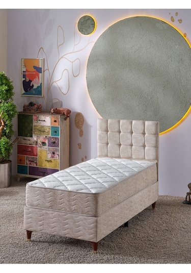 Beehanem Bengü Tek Kişilik 3lü Set Yatak+baza+başlık Jeryykrem 90 X 190