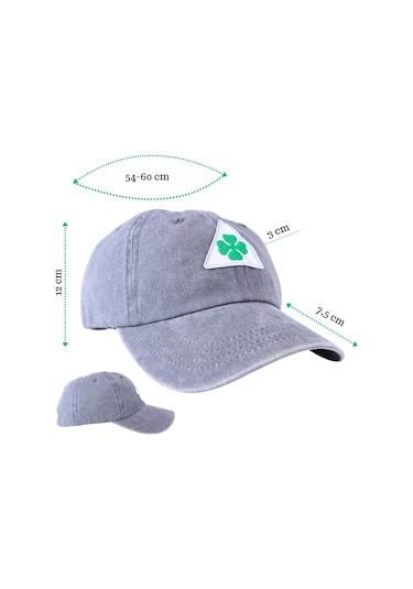 Perlotus Vintage Yıkamalı Pamuk Şapka Dört Yapraklı Yonca Nakışlı Gri Gri