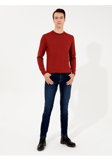 Cacharel Koyu Kiremit Slim Fit Bisiklet Yaka Basic Triko Kazak Kırmızı
