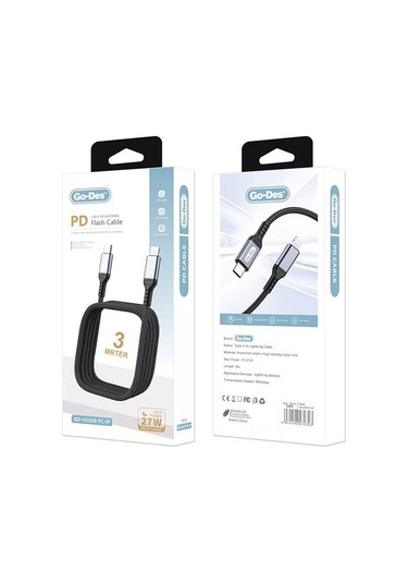 Go-des Gd-uc639 Type-c To Lightning Pd Hızlı Şarj Kablosu 27w 3m Siyah Siyah