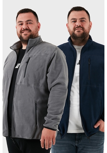 Buratti Regular Fit Dik Yaka Fermuarlı Büyük Beden 2'Li Paket Polar Erkek Hırka 5906028Bs2 Gri-Lacivert