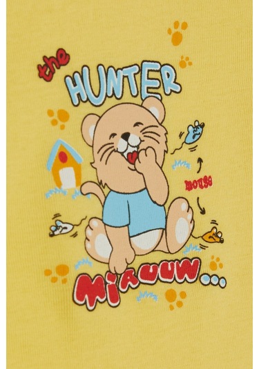 Breeze Erkek Bebek Çıtçıtlı Body Avcı Kedicik Baskılı 9 Ay-3 Yaş, Sarı Sarı