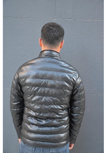 Prifaldi Erkek Dik Yaka Şişme Deri Mont Siyah 001