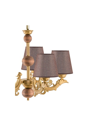 Beş Kollu Ahşaplı Eskitme Zamak Metal Döküm Avize Kahverengi Şapkalı Kahverengi