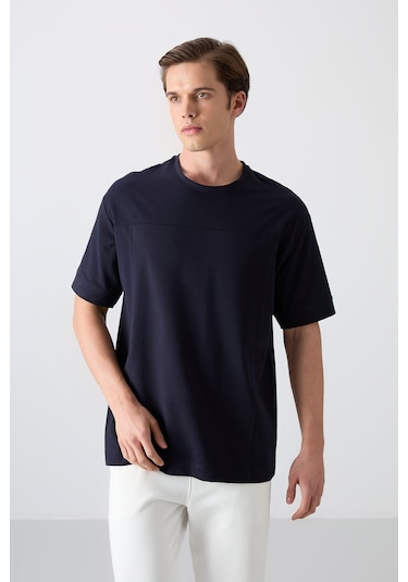 Tommy Life Lacivert Pamuklu Kalın Yumuşak Dokulu Oversize Fit Basic Erkek T-shirt - 88349 Lacivert