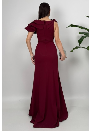 Delvira Drapeli Tek Omuz Çiçek Detaylı Uzun Bordo Abiye Elbise Bordo