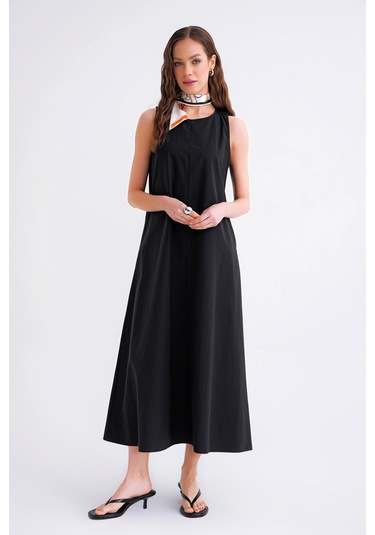 4690 Kadın Bisiklet Yaka Sıfır Kol Midi Paraşüt Elbise Siyah Siyah