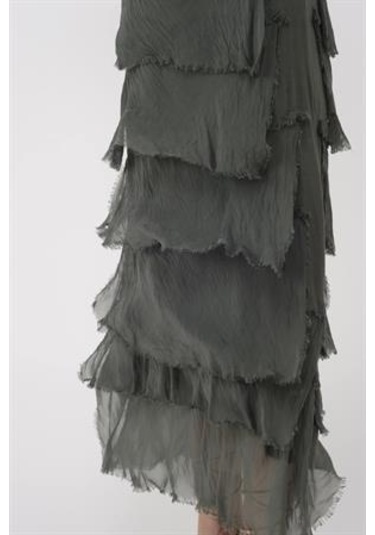 Italyan 2 Beden İnce Gösteren Kat Kat Uzun Kol Taşlanmış İpek Elbise Koyu Haki