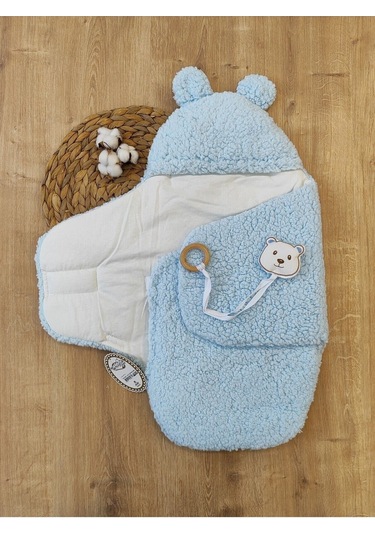 Peluş Bebek Dış Kundağı Oyuncaklı Uyku Tulumu Hastane Çıkışı Hediyelik Sarma Battaniye Mavi