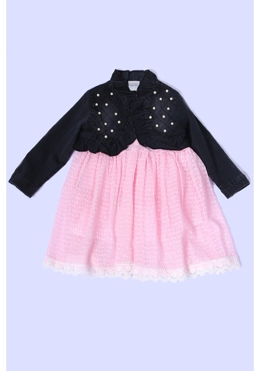 Kız Çocuk Kot Ceketli Elbise Fırfırlı Dantelli Taş İşlemeli F19 Pembe