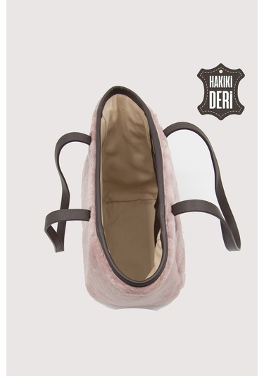 Hakiki Deri Kürklü Kadın El Çantası Pudra Smr9152 Pudra