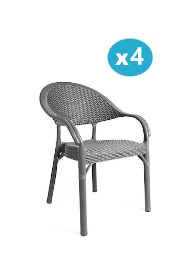 Omnipazar Irk-hk735 Bambu Rattan Desenli Plastik Bahçe Sandalye Koltuk 4'lü Set Gri