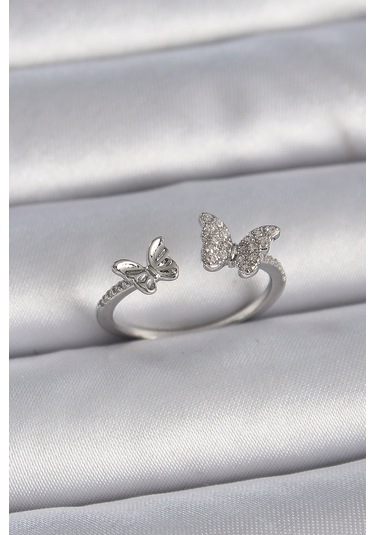 Gümüş Renk Ayarlanabilir Zirkon Taşlı Kelebek Model Kadın Yüzük - Ebj261410w29234 Bakır