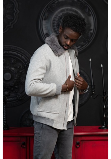 Slimfit Kürklü Sabit Yaka Beli Lastikli Astarlı Kaşe Mont Gri