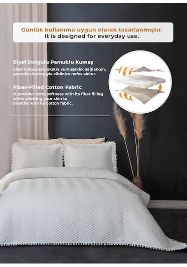 Evlen Home Ponponlu %100 Pamuk Tek Kişilik Günlük Yatak Örtüsü Pike Takımı Seti Krem / Kırık Beyaz
