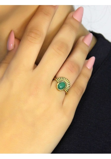 Doğal Taş Yeşil Akik Doğal Taşlı Antik Model Kadın Ayarlanabillir Yüzük Euy82ya Yeşil