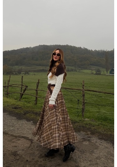 Kahverengi Şifon Ekoseli Etek - 0613 Kahverengi