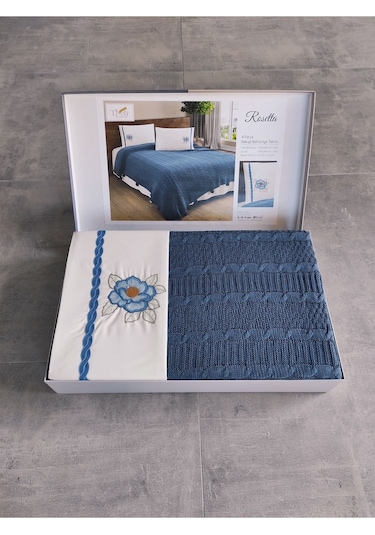 Triko Örme Nakışlı Battaniye Takımı-tivoli Rosetta Indigo