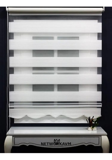 Geniş Pliseli Etek Dilimli Ekru Beyaz Zebra Stor Güneşlik Perde Beyaz