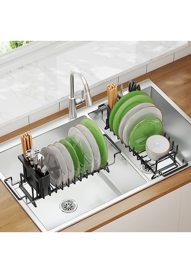 Pazly Genişletilebilir Metal Bulaşık Kurutma Raftı, Mutfak Tezgahı İçin Drenaj Tahtası, Pas Dayanıklı, Çok Renkli, 16.6x9.8x35.2-50.4cm Çok Renkli
