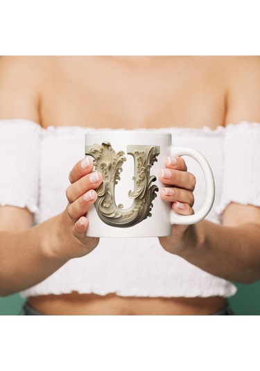 U Harfi Bardak, Monogram 330 Ml Barok Oymalı Görünüm Beyaz