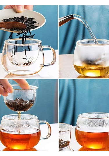 Qerhome Borosilikat Cam Süzgeçli Bambu Kapaklı Kupa 350 Ml Şeffaf