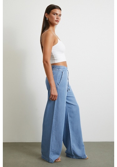 Never More Beli Lastikli Bağcıklı Geniş Paça Pantolon Mavi Mavi