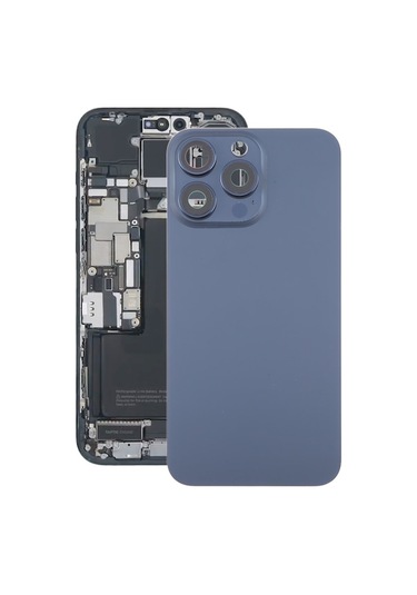 Rogfer İphone Uyumlu 15 Pro Max İçin Kamera Lens Kapaklı Cam Pil Arka Kapağı Mavi Mavi Mavi