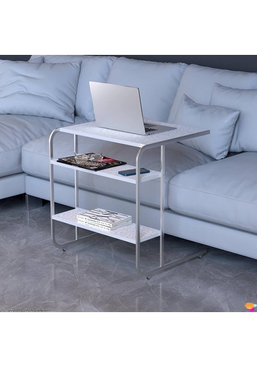 Modilayn C Yan Sehpa Geniş Boy Tekerlekli Çalışma, Atıştırmalık, Yemek, Laptop Sehpası Beyaz Desenli Beyaz