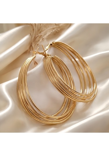 Katmanlı Halka İnterlock Hoop Gold Renk Küpe 6cm Gold