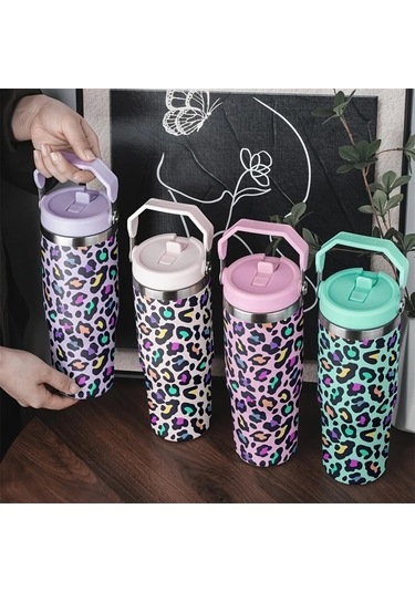 Trendooze Yeşil Leopar Desenli 30 Oz Paslanmaz Çelik Termos Çift Katmanlı Vakum Yalıtımlı Sızdırmaz Kapak Taşıma Saplı Kampçılı Yeşil