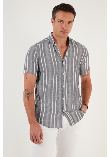 Buratti Çizgili Pamuklu Slim Fit Kısa Kollu Erkek Gömlek Cf23S116097 Siyah