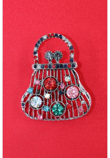 Pırlanta Taşlı Para Çantası Broş. Yaka İğnesi Broş. Taşlı Tasarım Broş. Kadın Broş. Broş. Çanta Broş Çok Renkli