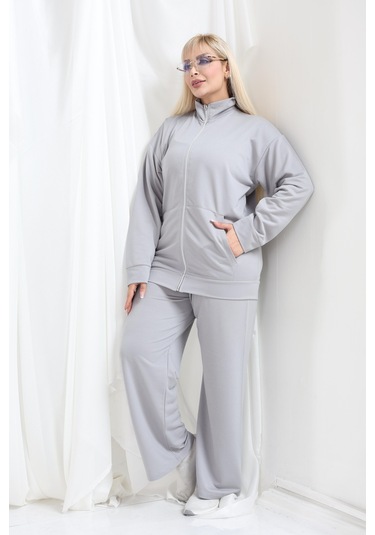 Kadın Büyük Beden Fermuarlı Uzun Kollu Rahat Günlük Eşofman Takım Gri